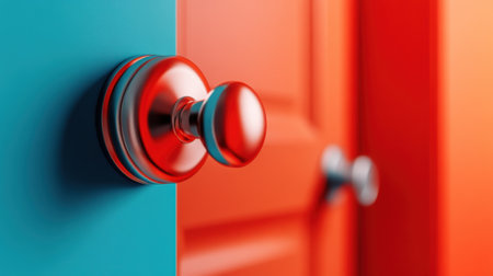 A close up of a door handle on an orange and blue wall, AIの素材