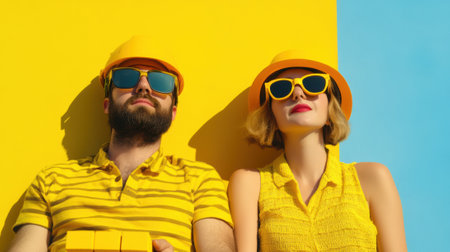 A man and woman wearing yellow hard hats sitting next to each other, AIの素材