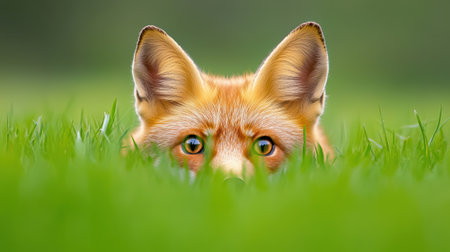 A close up of a fox peeking out from behind some grass, AIの素材