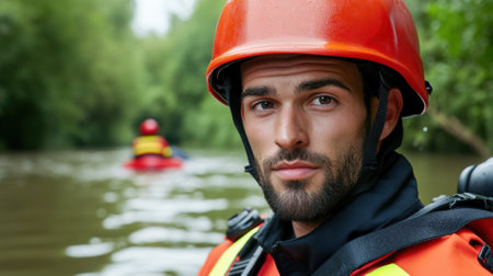A man in an orange helmet and life jacket on a river, AIの素材