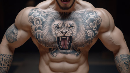 A man with a lion tattoo on his chest and arms, AIの素材