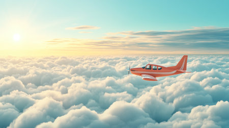 A small red plane flying above a cloud filled sky, AIの素材