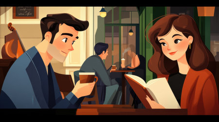 A cartoon couple sitting at a table reading books and drinking coffee, AIの素材