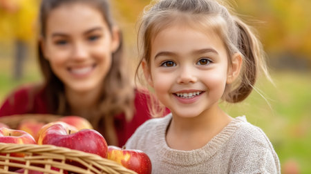 A young girl smiling with a basket of apples in front of her, AIの素材