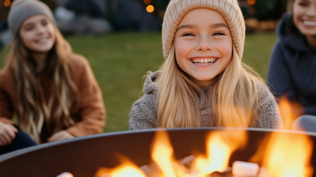 A group of three girls sitting around a fire pit with marshmallows, AIの素材