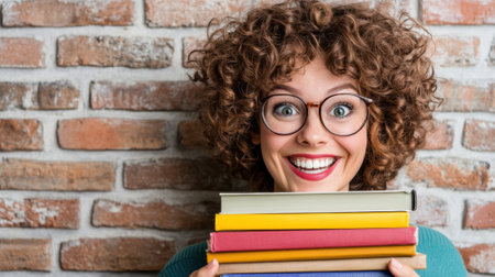 A woman with curly hair holding a stack of books, AIの素材