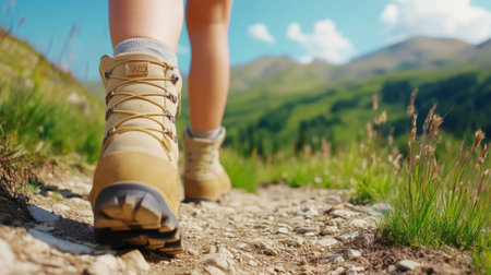 A person walking on a trail with hiking boots and shorts, AIの素材