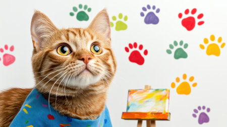 A cat wearing a shirt with paw prints on it next to an easel, AIの素材