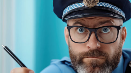 A man in a police uniform holding up his pen and pointing at something, AIの素材