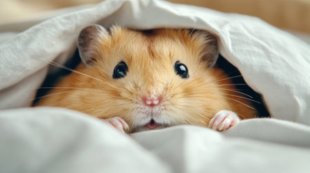 A small hamster peeking out from under a blanket on top of the bed, AIの素材
