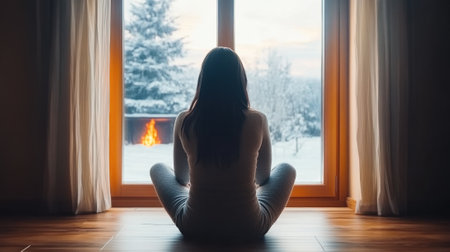 A woman sitting in front of a window looking out at the snow, AIの素材