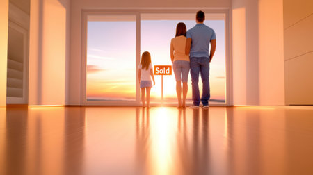 A family standing in front of a house with sold sign, AIの素材