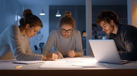 Three people sitting at a table with one looking over papers, AIの素材