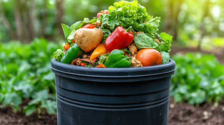 A black garbage can filled with vegetables and greens, AIの素材