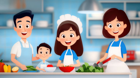 A family of a cartoon character is cooking with his children, AIの素材
