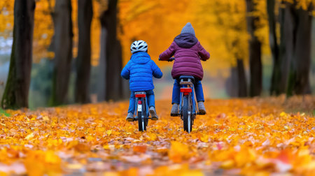 Two children riding bicycles down a path covered in leaves, AIの素材