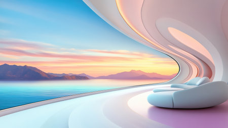 A futuristic lounge chair with a view of the ocean and mountains, AIの素材