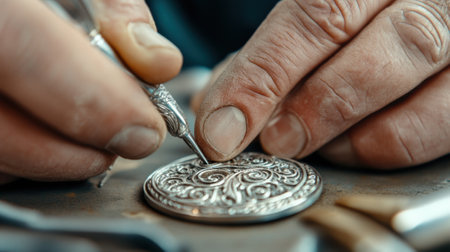 A person is working on a silver coin with some tools, AIの素材