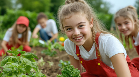 A group of a bunch of kids in the garden with some plants, AIの素材