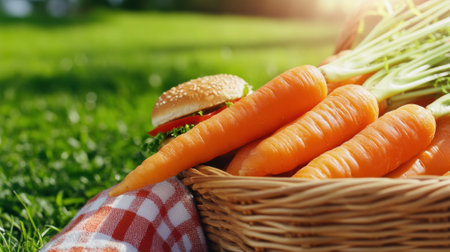 A basket of carrots and a hamburger sitting on top of grass, AIの素材