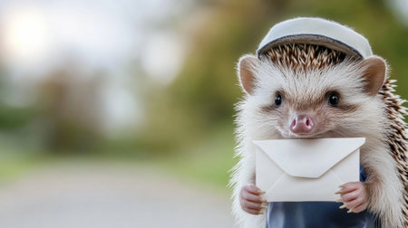 A hedgehog wearing a hat holding an envelope in its mouth, AIの素材