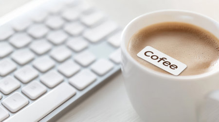 A cup of coffee with a sticker on it next to keyboard, AIの素材
