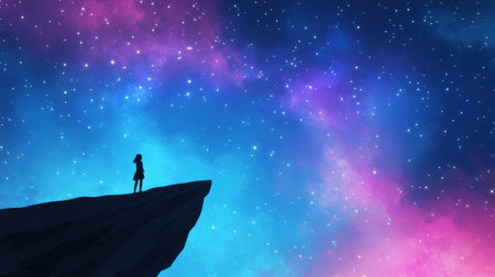 A person standing on a cliff looking at the stars, AIの素材