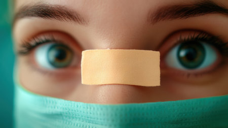 A woman with a bandage on her nose and tape over the eye, AIの素材