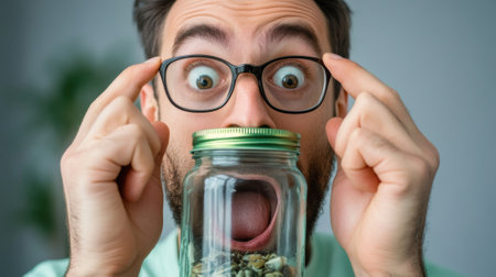 A man with glasses holding a jar of seeds and money, AIの素材