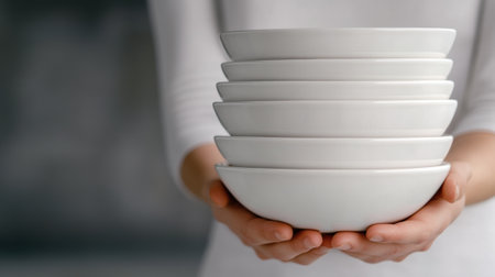 A person holding a stack of white bowls in their hands, AIの素材