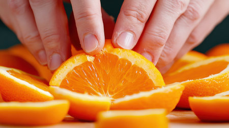 A person cutting an orange in half with their hands, AIの素材