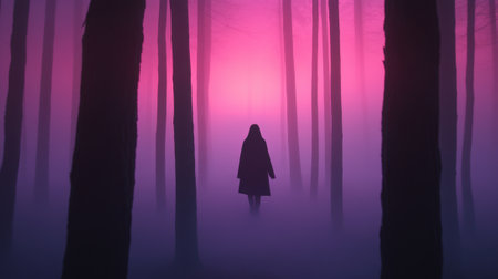 A person in a long coat standing alone through the fog, AIの素材