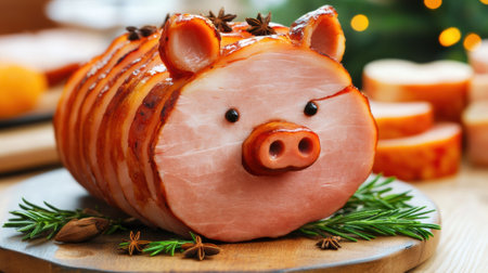 A ham shaped like a pig sits on top of some wood, AIの素材