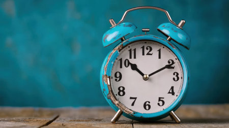 A blue alarm clock sitting on a wooden table with the numbers 12:00, AIの素材