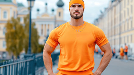 A man in orange outfit standing on street with a bandana, AIの素材