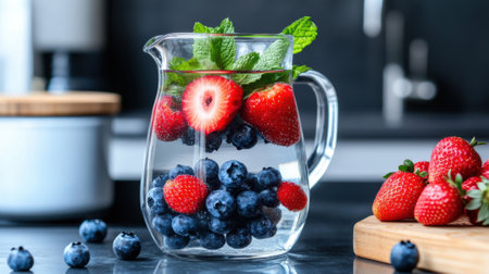 A pitcher filled with berries and mint leaves in a glass, AIの素材