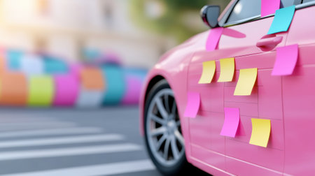 A pink car with sticky notes on the side of it, AIの素材