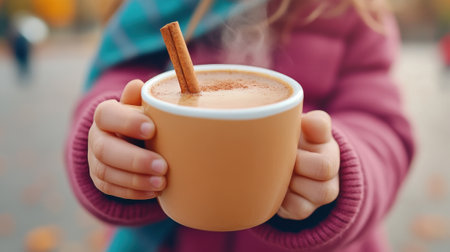 A person holding a cup of hot chocolate with cinnamon stick, AIの素材