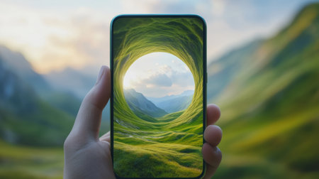 A person holding a phone with an image of green grass and mountains, AIの素材