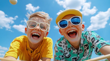 Two boys wearing sunglasses and playing with a ball, AIの素材