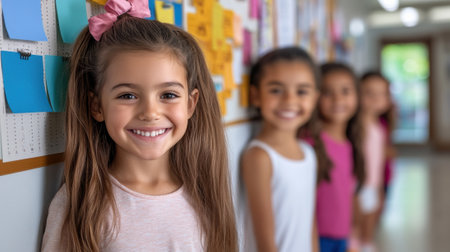 A group of children standing in a row with their back to the camera, AIの素材