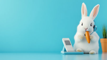 A white rabbit with headphones and carrot on a phone, AIの素材