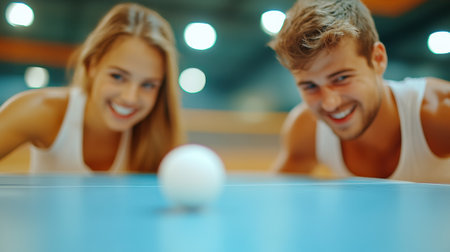 A man and woman smiling at a ping pong ball on the table, AIの素材
