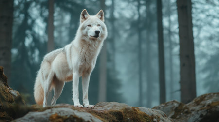 A white wolf standing on a rock in the woods, AIの素材