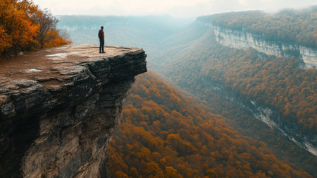 A man standing on a cliff overlooking the forest below, AIの素材