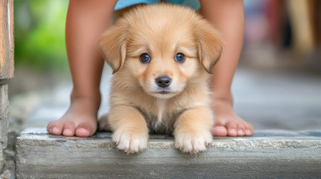 A small brown puppy sitting on a step with its legs in the air, AIの素材