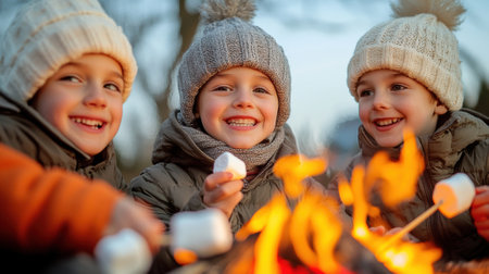Three children are roasting marshmallows over a campfire, AIの素材
