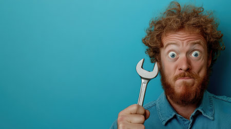 A man with a wrench in his hand and holding up the tool, AIの素材