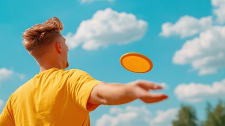 A man in a yellow shirt throwing an orange frisbee, AIの素材
