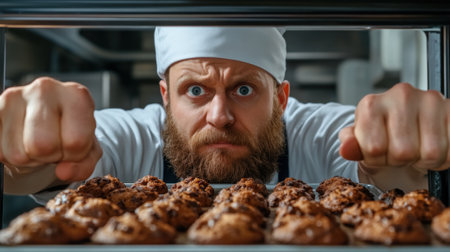 A man in a chef hat looking at some cookies, AIの素材